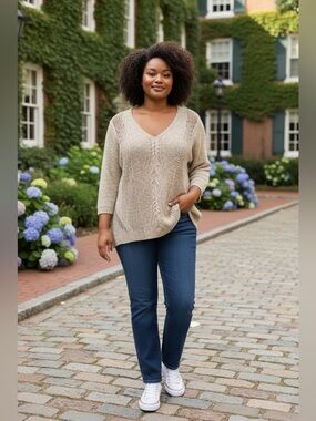 Massimo Dutti Linen Blend Open Knit Sweater Beige XL Spain
